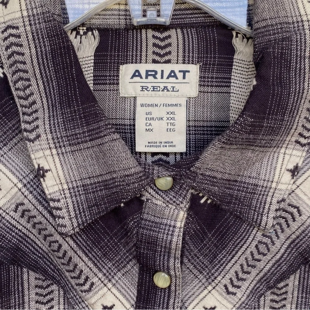 Women's ARIAT REAL Flannel Shirt Thunderstorm Plaid Aztec Dobby Size XXL Snap - Picture 3 of 6